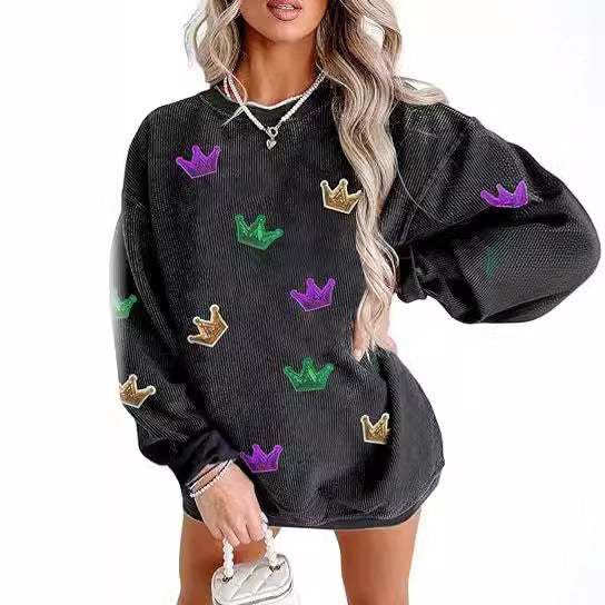 Women's Corduroy Oversized Embroidered Crewneck Sweatshirt
