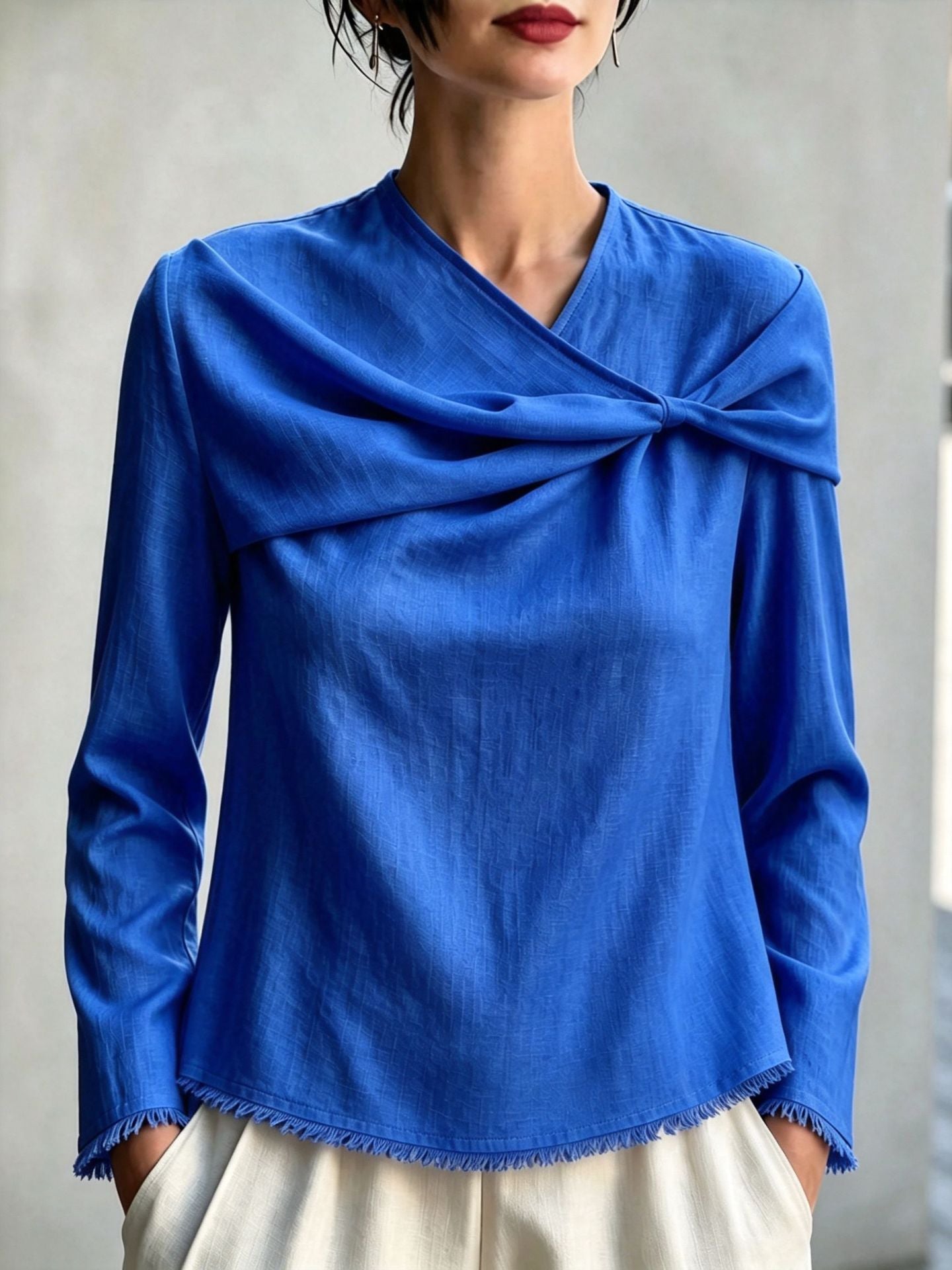 Women's Cotton Linen Cowl Neck Long Sleeve Blouse