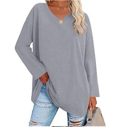 Women's Oversized V-Neck Long Sleeve Loose Fit T-Shirt