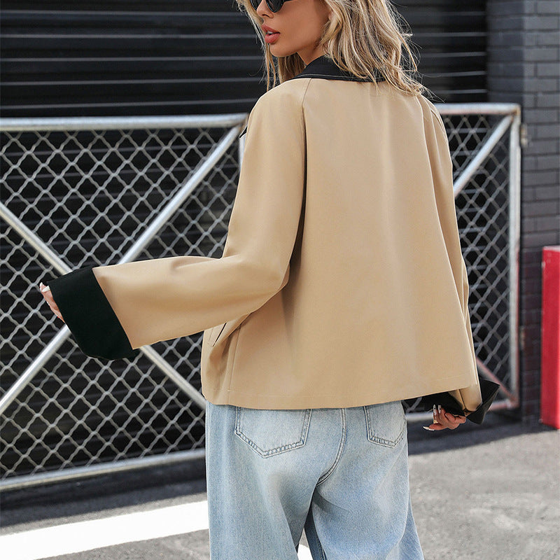 Contrast Collar Cropped Oversized Button Front Jacket