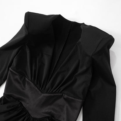 Black Sexy Deep V Long Sleeve High Slit Maxi Dress
