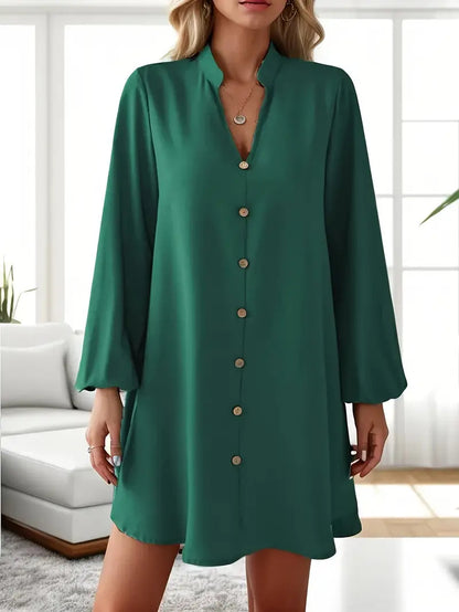 Women's V-Neck Balloon Sleeve Button Down Shirt Dress
