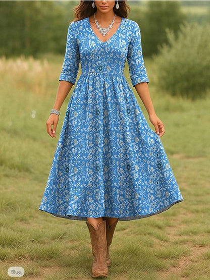 Boho Floral V-Neck 3/4 Sleeve Maxi Dress