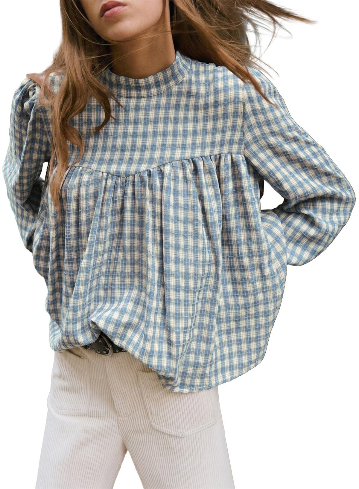 Women's Plaid Mock Neck Babydoll Long Sleeve Top