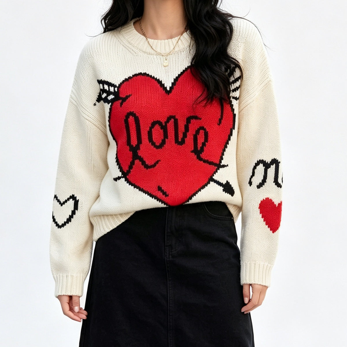 Women's Love Heart Crew Neck Knit Sweater Long Sleeve