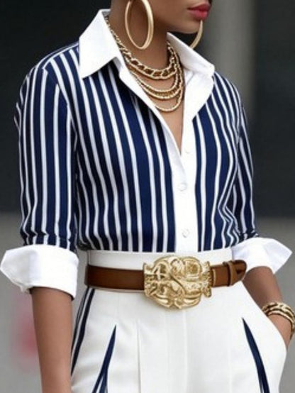 Women's Striped Contrast Collar Long Sleeve Work Blouse