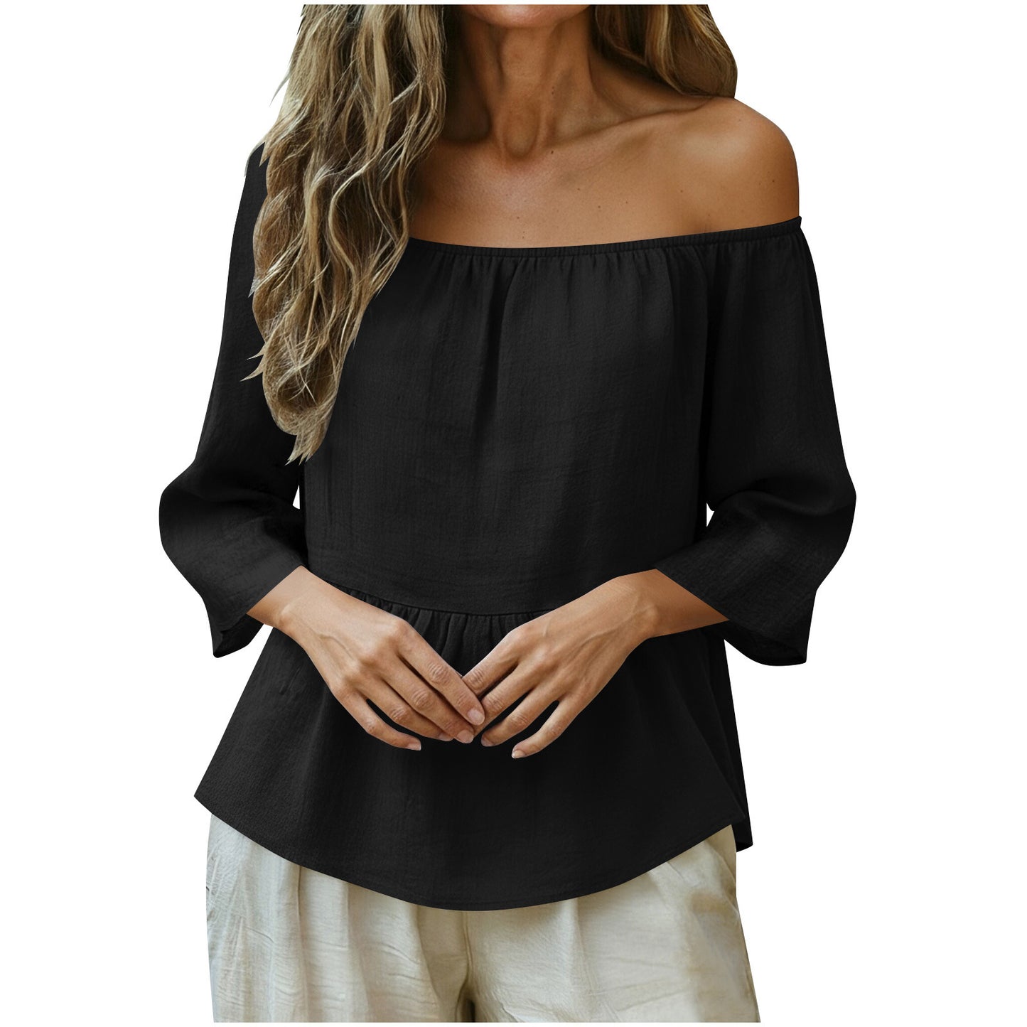 Linen Off Shoulder Blouse Relaxed Fit Boho Top