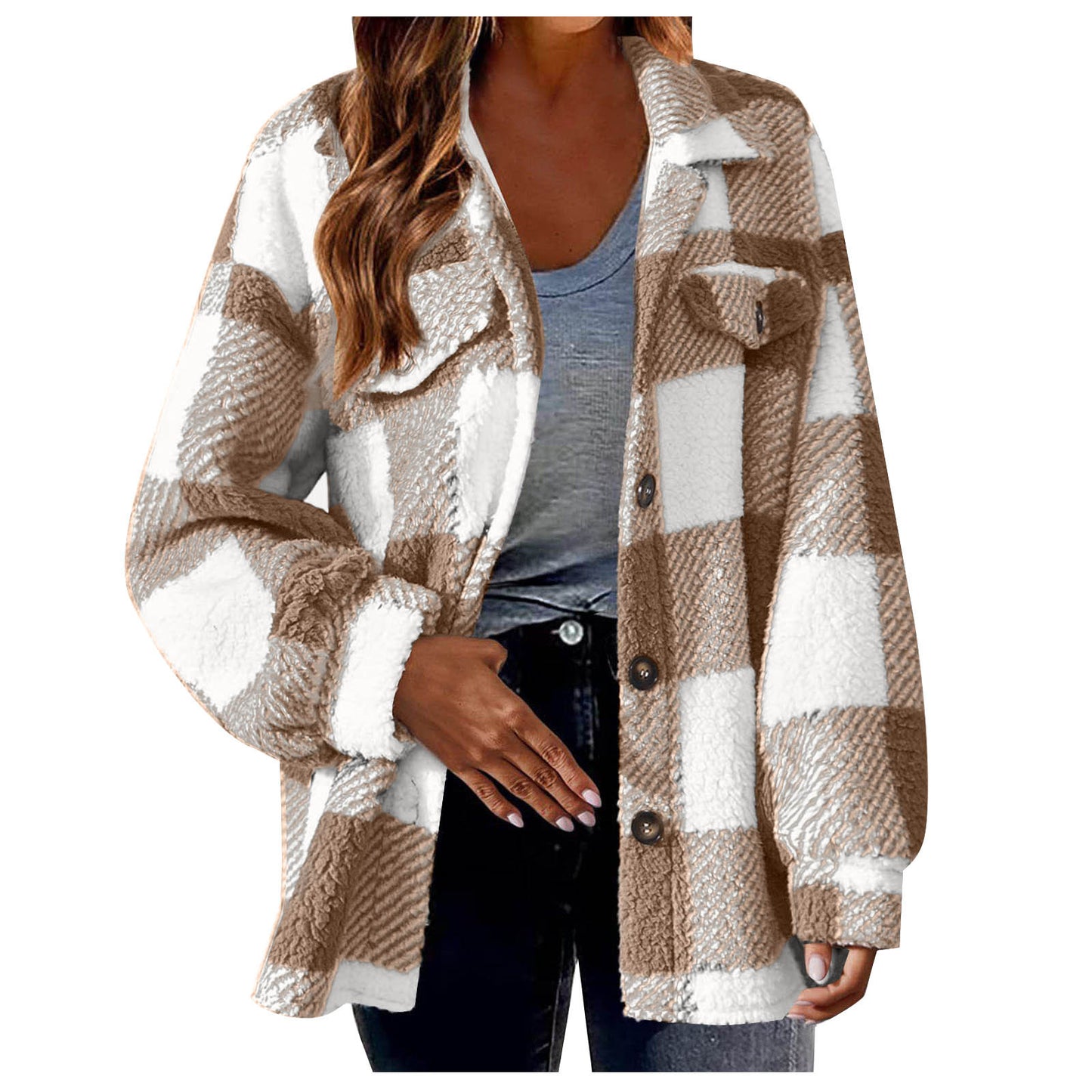 Women's Plaid Sherpa Shacket Fleece Jacket with Pockets
