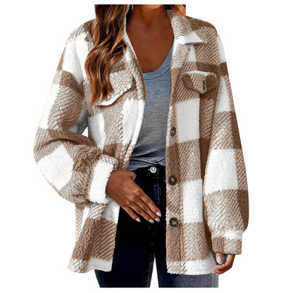 Women's Plaid Sherpa Shacket Fleece Jacket with Pockets