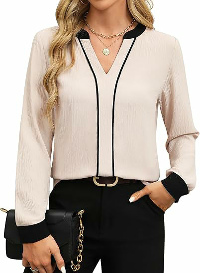 Women's V Neck Color Block Long Sleeve Business Blouse