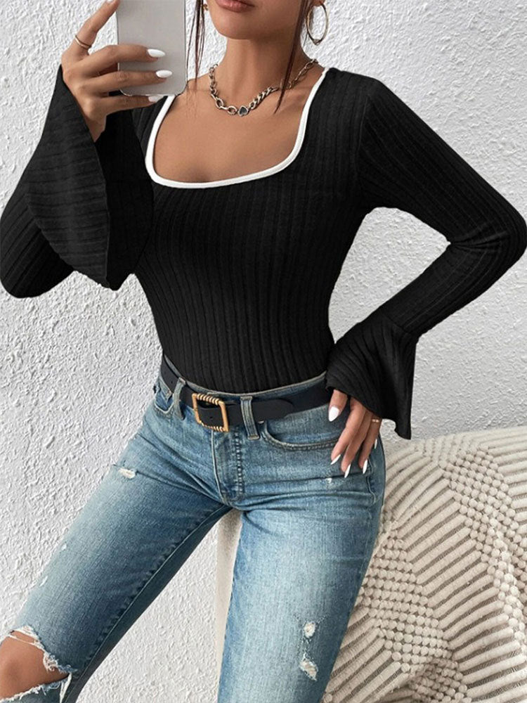 Women's Ribbed Square Neck Bell Sleeve Fitted Top