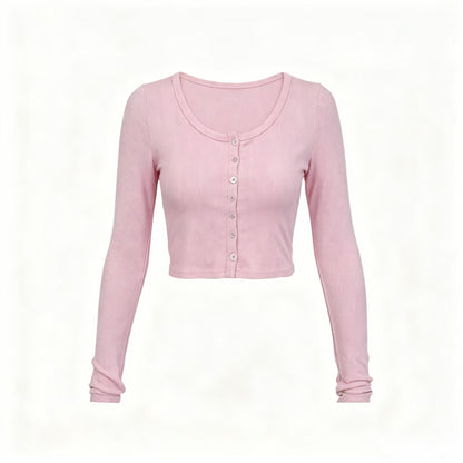 Women's Ribbed Button Front Crop Top Long Sleeve Fitted