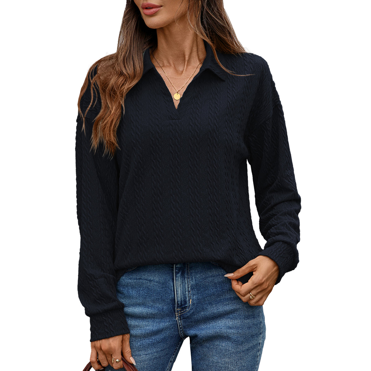 Women's Textured Collared Sweatshirt Long Sleeve Pullover