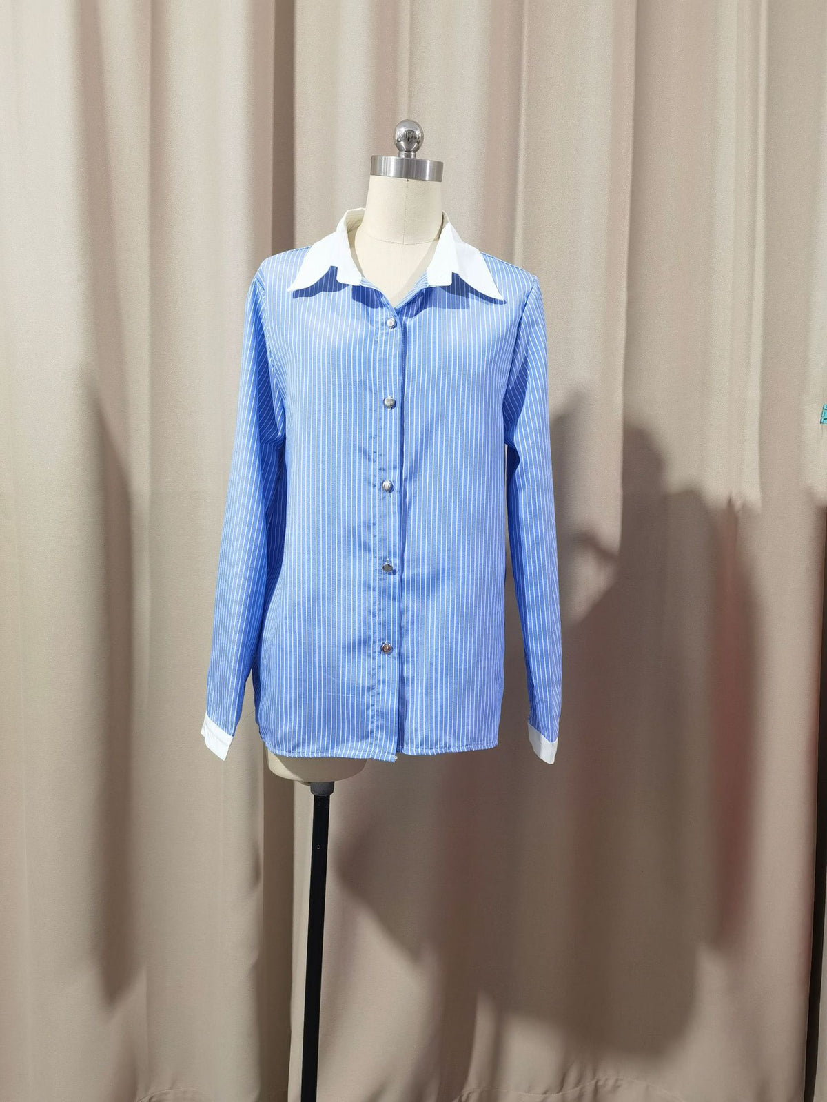 Women's Blue Striped Contrast Collar Long Sleeve Blouse