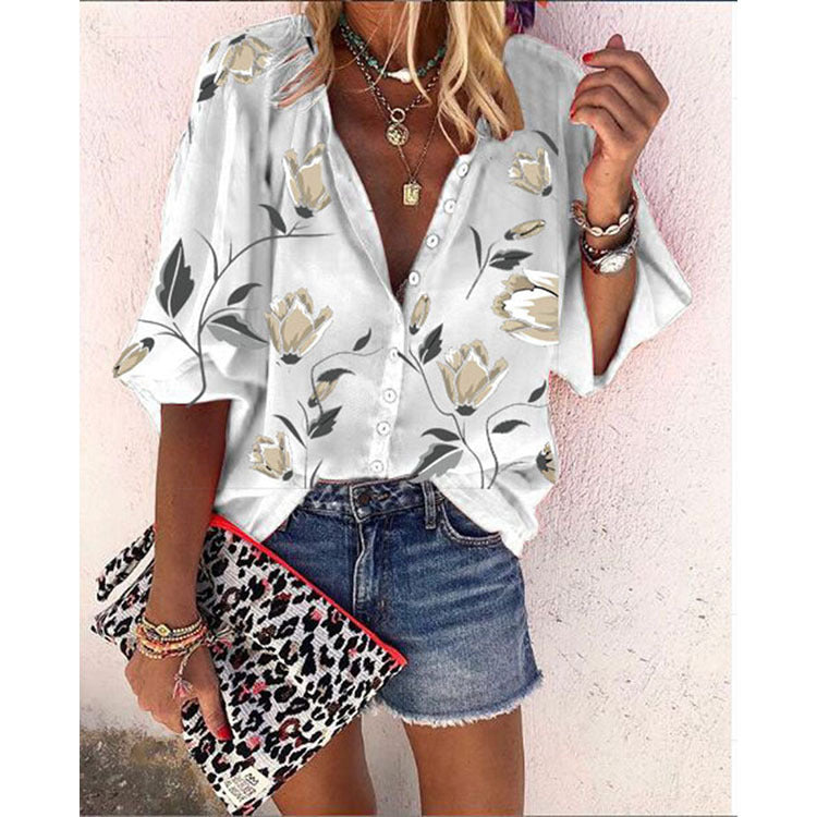 Women's Floral Print Puff Sleeve Button Down Blouse