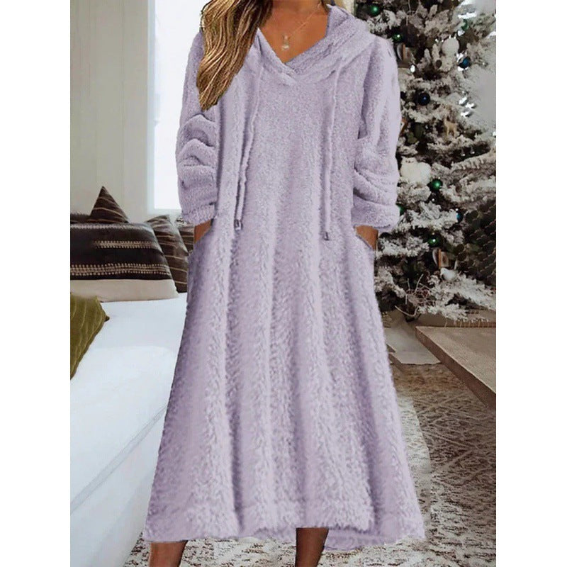 Fleece Hooded Dress with Pocket Relaxed Fit
