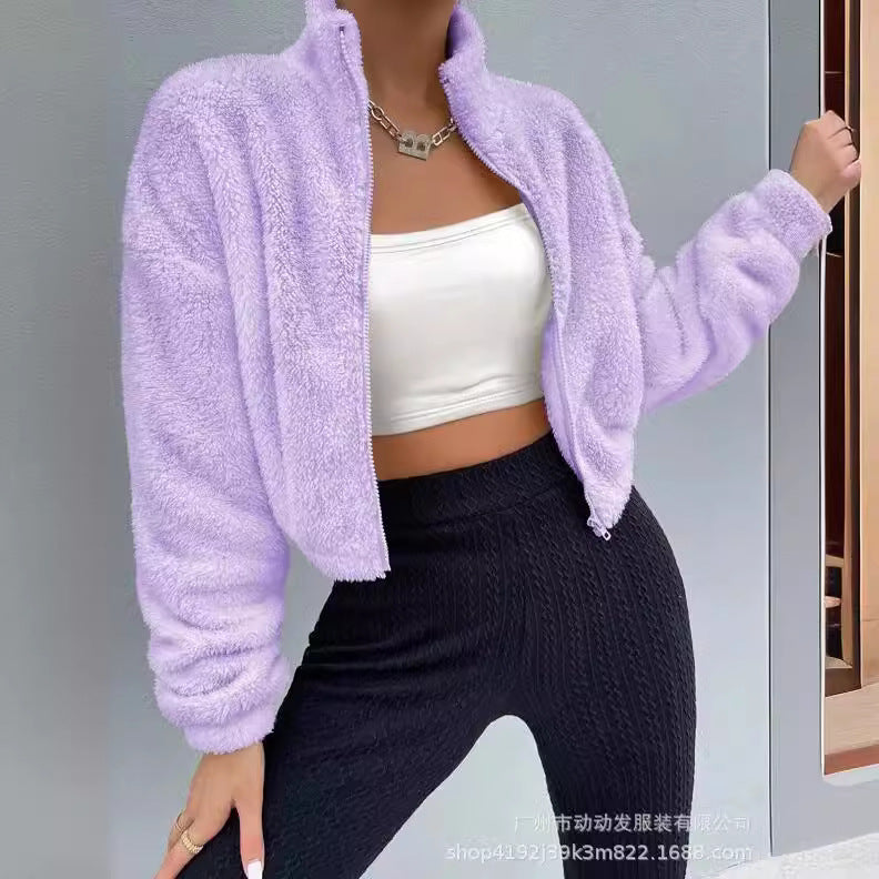 Women's Fuzzy Sherpa Crop Zip Up Jacket