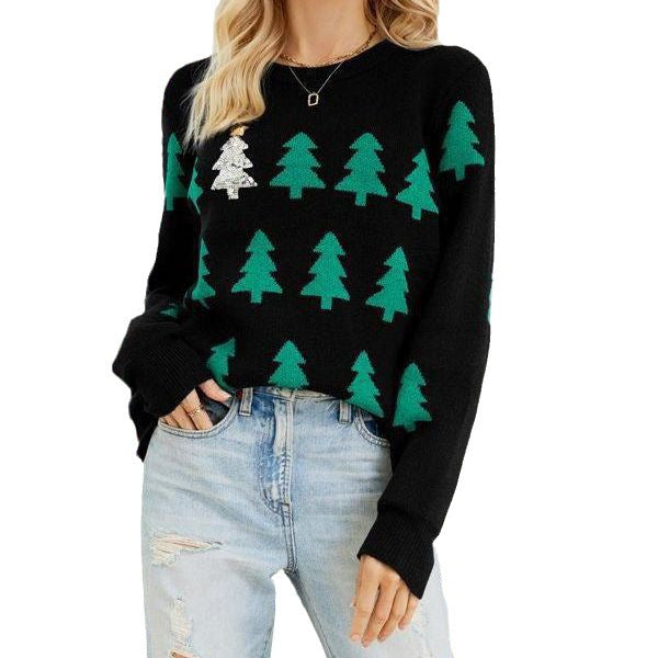 Women's Christmas Tree Jacquard Crewneck Sweater Oversized