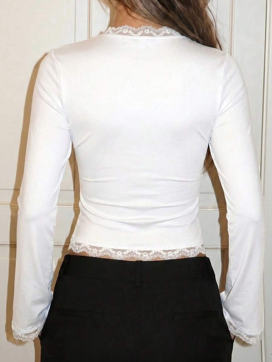 Lace Trim V Neck Long Sleeve Fitted Y2K Top