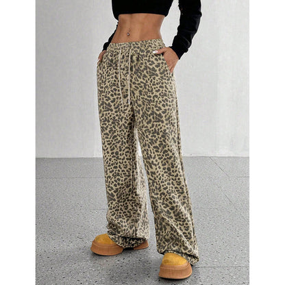 Leopard Print Wide Leg Pants High Waist Pocket Casual