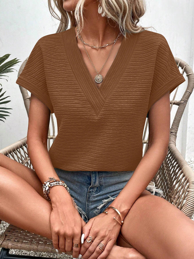 Textured V Neck Short Sleeve Top for Summer Women