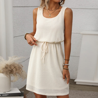 Waffle Knit Sleeveless Drawstring Waist Mini Dress