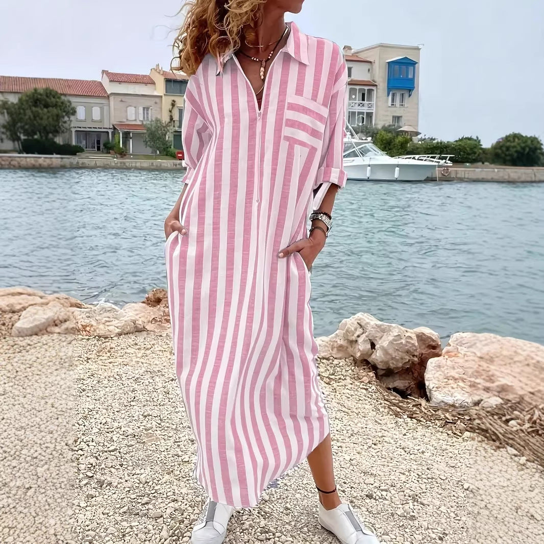 Women's Striped Maxi Shirt Dress Long Sleeve Casual A-Line