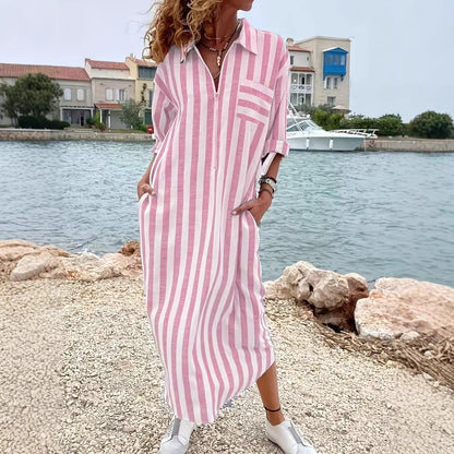 Women's Striped Maxi Shirt Dress Long Sleeve Casual A-Line