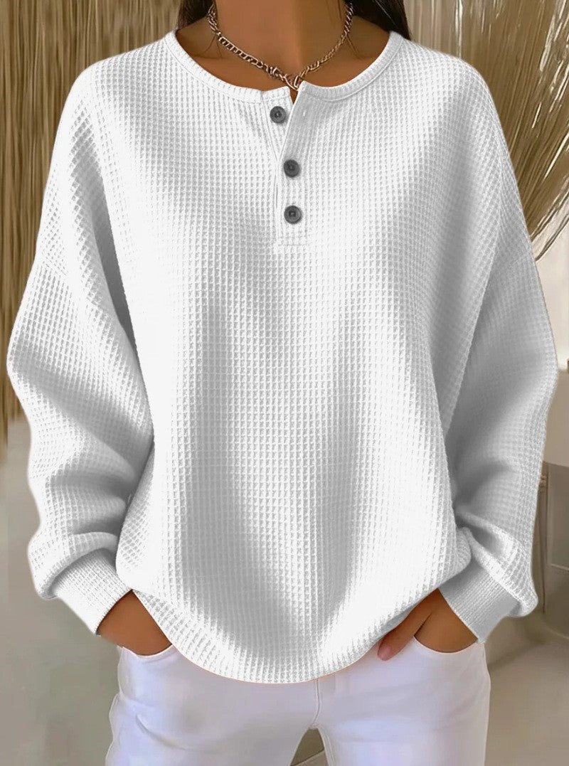 Women's Oversized Waffle Knit Henley Long Sleeve Top
