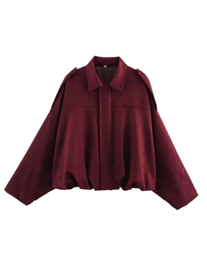 Womens Oversized Faux Suede Collared Zip Jacket