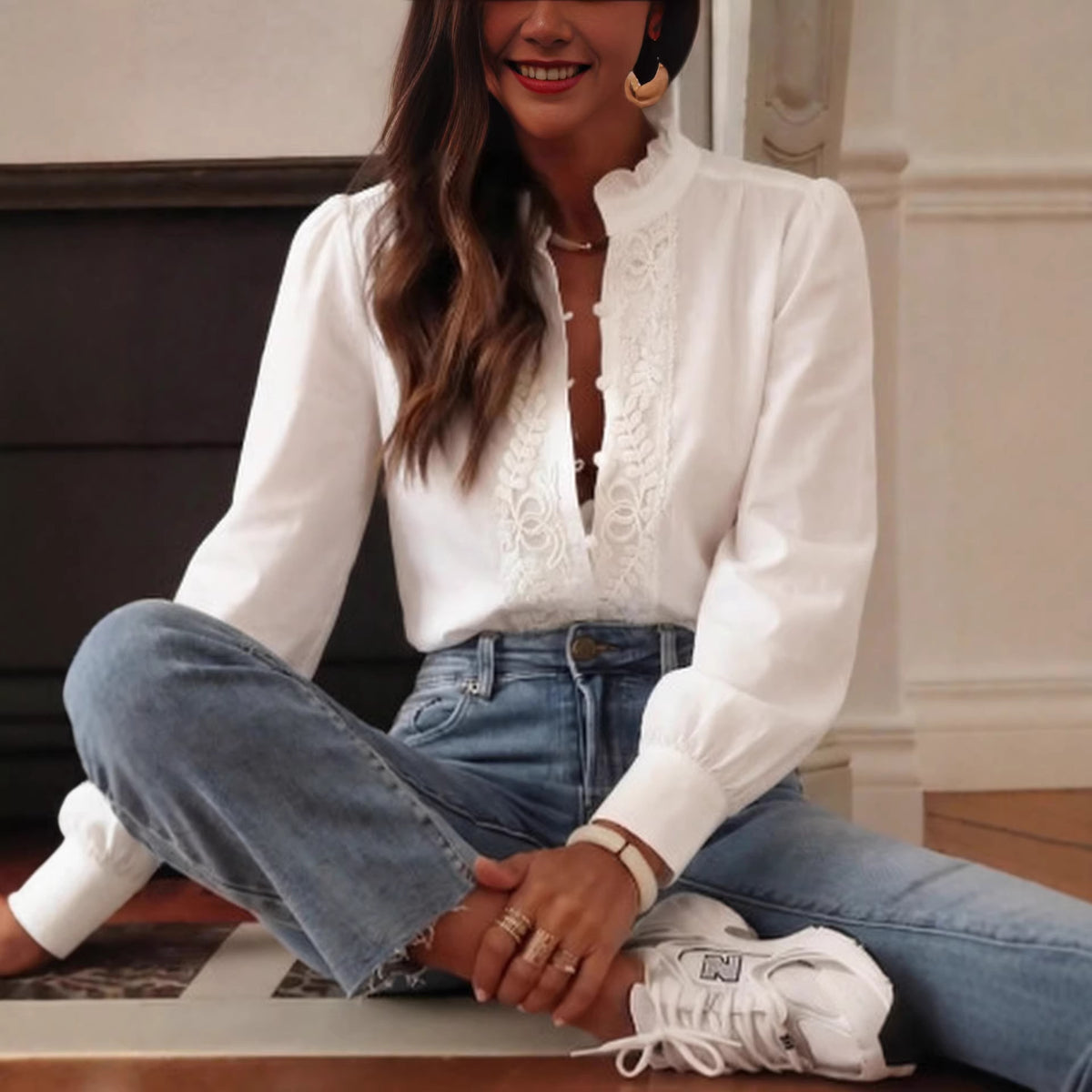 White Floral Embroidered Long Sleeve Button Up Blouse