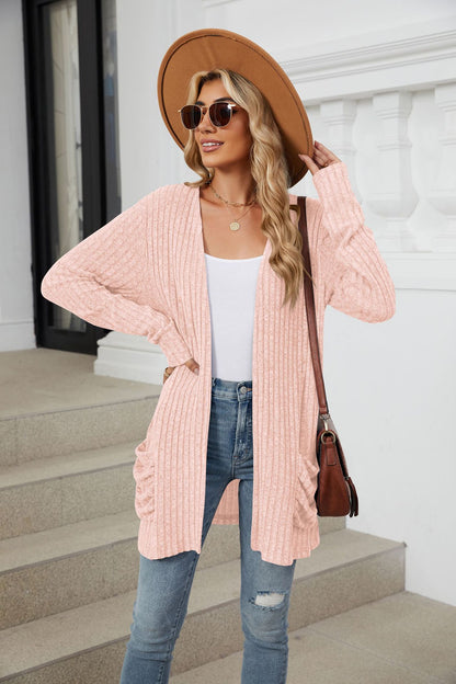 Simple Pocketed Long Sleeve Cardigan Knit Top
