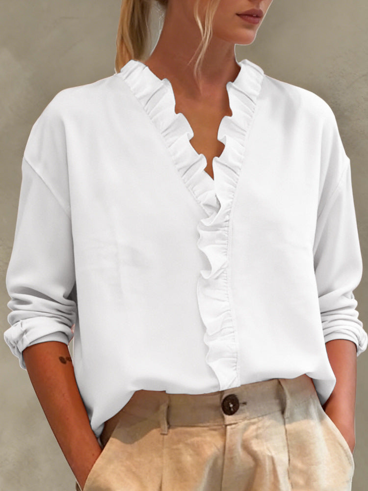 Women's Ruffled V-Neck Long Sleeve Loose Casual Blouse Top