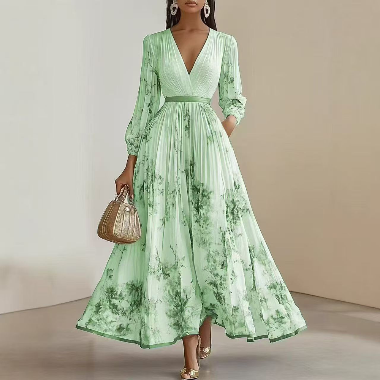 Floral Pleated V-Neck Long Sleeve Maxi Dress