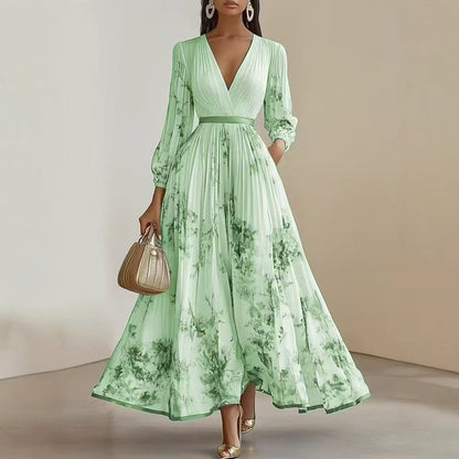 Floral Pleated V-Neck Long Sleeve Maxi Dress