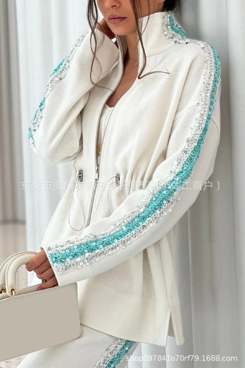 Women's Sequin Drawstring Wide Leg Pants Two Piece Set
