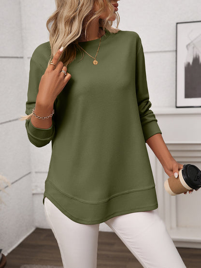 Solid waffle knit tunic top layered curved hem