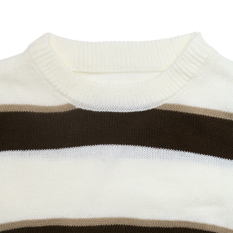 Striped Knit Sweater Crew Neck Loose Pullover
