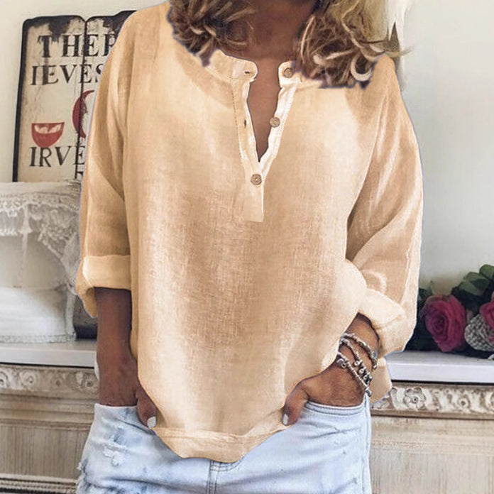 Women's Oversized Linen Blend Henley Shirt Long Sleeve