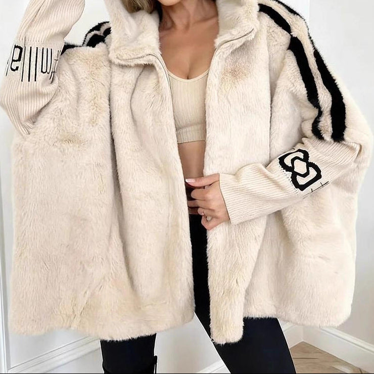 Women's Oversized Hooded Faux Fur Varsity Jacket