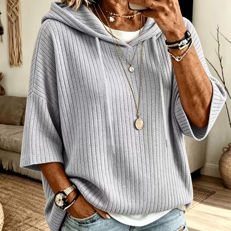 Oversized Ribbed Half Sleeve Hoodie Tunic Pullover Top