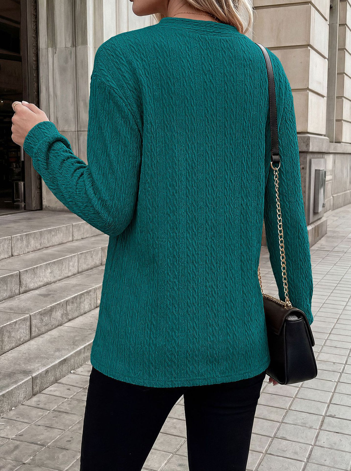 Women's V Neck Button Long Sleeve Textured Casual Blouse