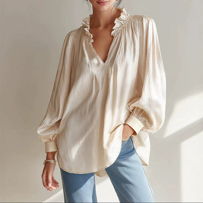 Women's Ruffle V-Neck Blouse Long Sleeve Loose Fit Top