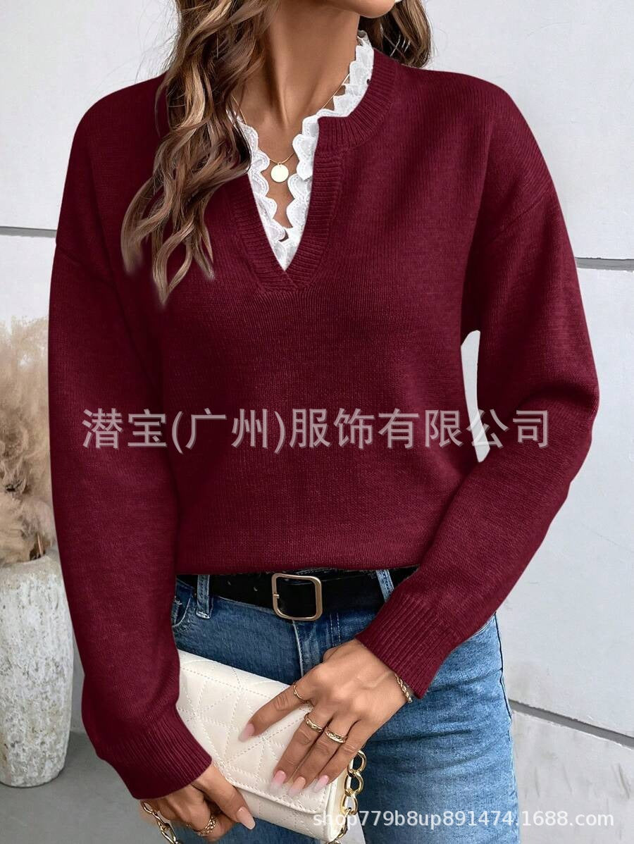 Women's Lace V-Neck Oversized Long Sleeve Knit Sweater