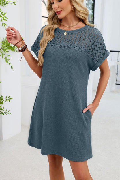 Blue Gray Yoke Loose T Shirt Dress Crew Neck