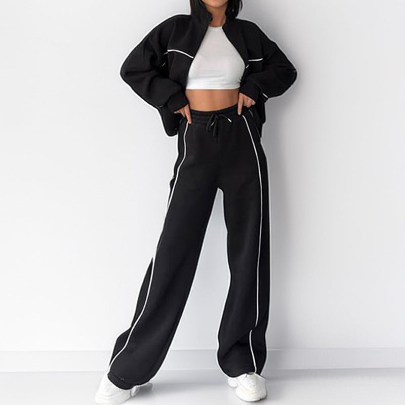 Women's Striped 2 Piece Tracksuit Zip Jacket Wide Leg Pants