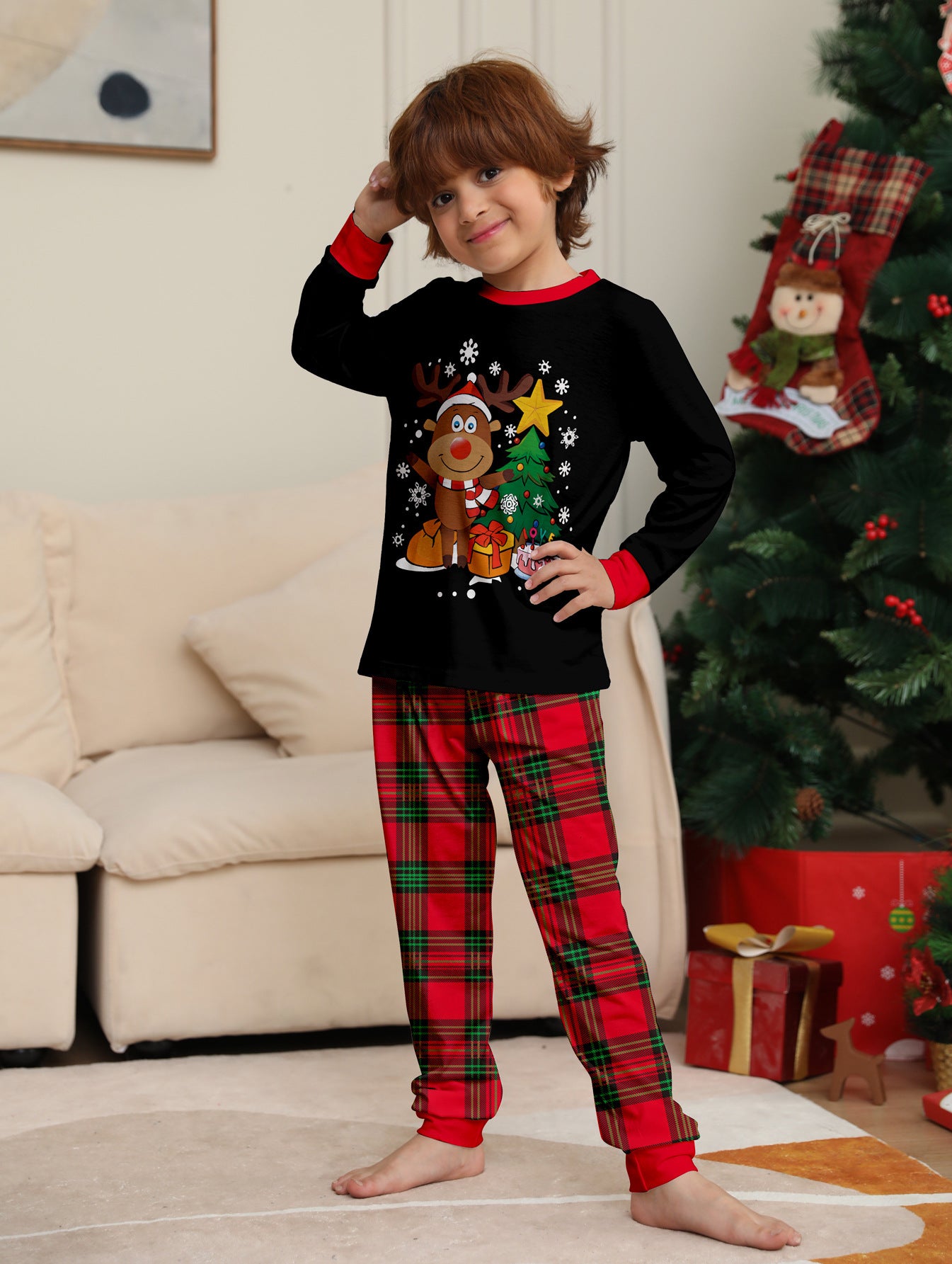 Deer Snowflake Plaid Parent-Child Printed Christmas Set