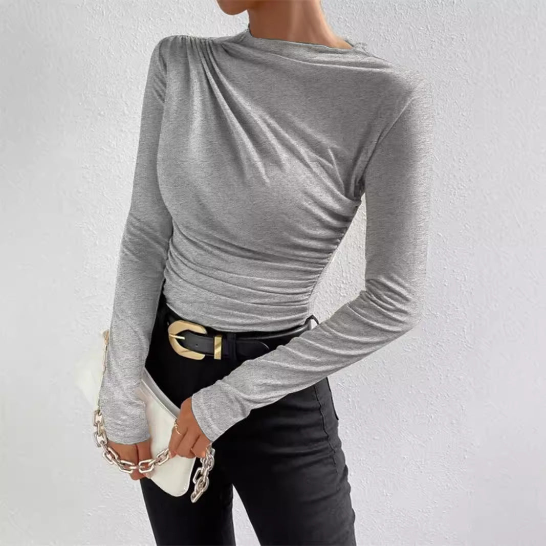 Women's Ruched Asymmetric Mock Neck Fitted Long Sleeve Top