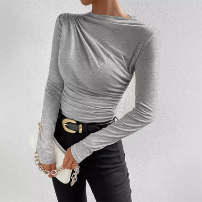 Women's Ruched Asymmetric Mock Neck Fitted Long Sleeve Top