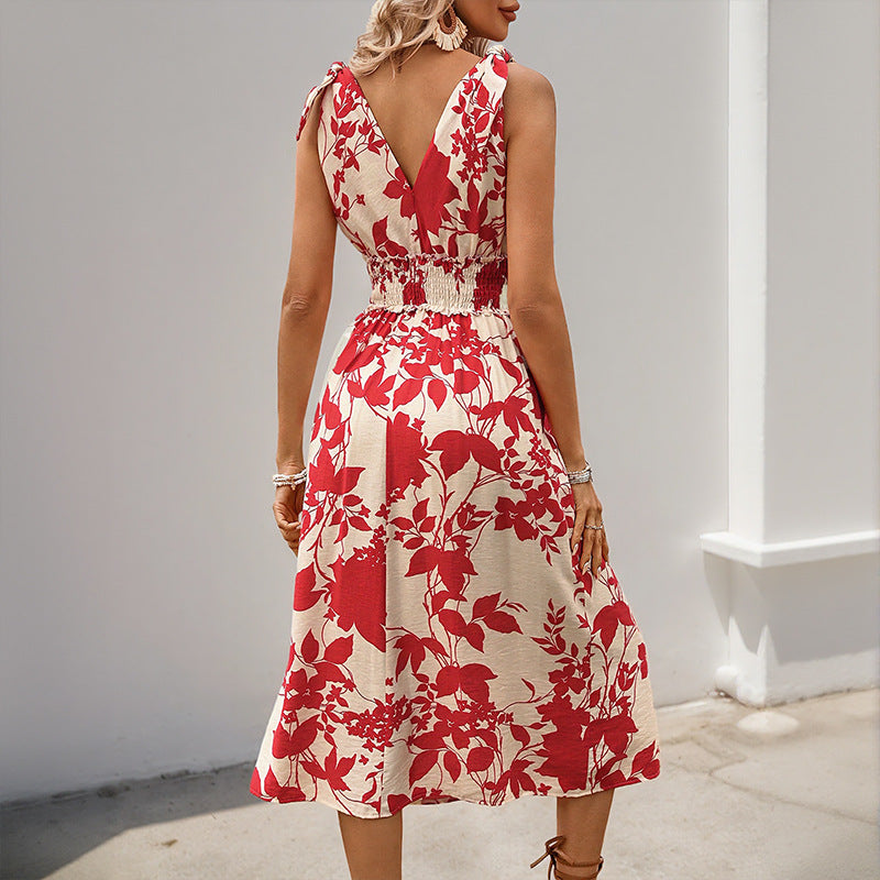 Red Floral Tie-Shoulder Sleeveless Summer Vacation Dress